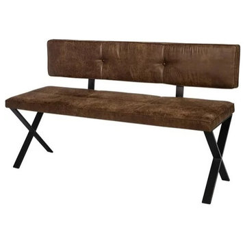 Accent Bench, Black Metal Legs With Faux Leather Seat & Open Back, Antique Brown