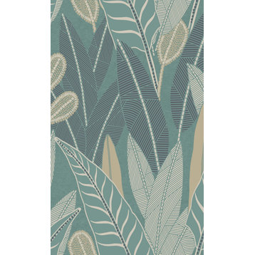 Leafy Tropical Leaves Textured Double Roll Wallpaper, Green, Sample
