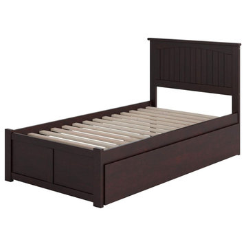 Twin Platform Bed, Grooved Patterned Headboard With USB Port & Trundle, Espresso
