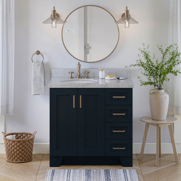 Ariel Taylor 37" Left Oval Sink Bath Vanity, Midnight Blue, 1.5" Carrara Marble