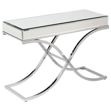 Elegant Console Table, Curved X-Shaped Base With Beveled Mirror Top, Chrome