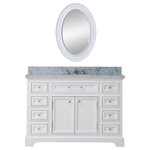 Water Creation - Derby White Bathroom Vanity, Pure White, 48" Wide, One Mirror, One Faucet - Add a touch of sophistication to your bathroom with the Derby Double Vanity which includes an attractive matching mirror. Featuring an undermount oval-shaped ceramic sink, solid brass hardware and tempered glass knobs and pulls, no detail was overlooked in the making of this piece. With a Carrara white marble countertop and multiple drawers and cupboards, this vanity offers ample storage while being stylish. This charming white-colored bathroom vanity with matching framed mirror combines innovative craftsmanship with a timeless design and is unmistakably sophisticated. Water Creation creates luxurious pieces that are classically inspired and detail-oriented.
