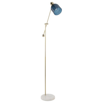 Marcel Contemporary Floor Lamp, White Marble, Gold Metal/Blue Glass