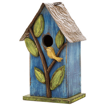 Distressed Solid Wood Birdhouse With Leaves, 9.84''H