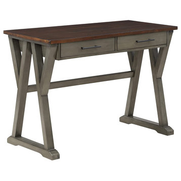 Rustic Desk, Geometric Trestle Base With Rectangle Top and Drawers, Slate Gray