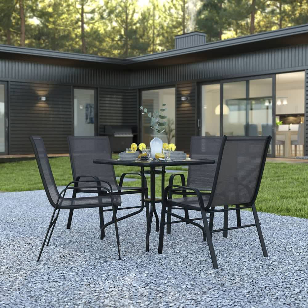 Brazos 5 Piece Outdoor Patio Dining Set - Tempered Glass Patio Table, 4 Flex Comfort Stack Chairs main image 0