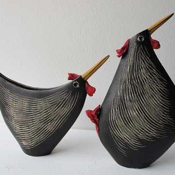 Contemporary black bird ceramic vase handmade in Greece