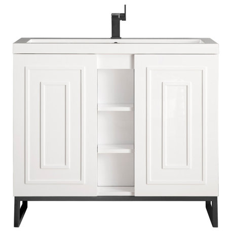 Alicante' 39.5" Single Vanity, Gloss White, Matte Black White Gloss Top