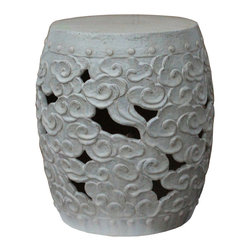 Ceramic Clay Off White Glaze Round Scroll Pattern Garden Stool - Garden Statues And Yard Art