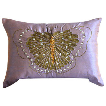 Purple Butterfly Theme 12"x18" Silk Lumbar Pillow Cover, Embroidered Butterfly