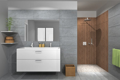 Стильный дизайн: главная ванная комната среднего размера в современном стиле с душем без бортиков, серой плиткой, керамической плиткой, полом из керамической плитки и раковиной с несколькими смесителями - последний тренд