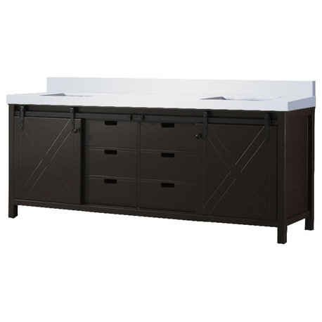 Lexora Home Marsyas 84" Quartz Top Double Vanity with Sinks in Brown