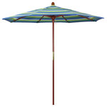 March Products - 7.5' Wood Umbrella, Seville Seaside - The classic look of a traditional wood market umbrella by California Umbrella is captured by the MARE design series.  The hallmark of the MARE series is the beautiful 100% marenti wood pole and rib system. The dark stained finish over a traditional marenti wood is perfect for outdoor dining rooms and poolside d-cor. The deluxe push lift system ensures a long lasting shade experience that commercial customers demand. This umbrella also features Sunbrella fabrics, which are built on a foundation of solution-dyed acrylic yarn, the most resilient and solid material for prolonged sun exposure, to offer even longer color retention rating than competing material sources.