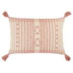 Jaipur Living - Vibe Razili Tribal Lumbar Pillow, Pink and Cream, Down Fill - The Parable collection features Southwestern vibes and easy-going, fresh style. The Razili lumbar pillow showcases a mix of stripe and tribal motifs in chic tones of pink and cream. Crafted of soft cotton, this light and neutral accent boasts bohemian touches of tasseled corners and a relaxed woven texture.