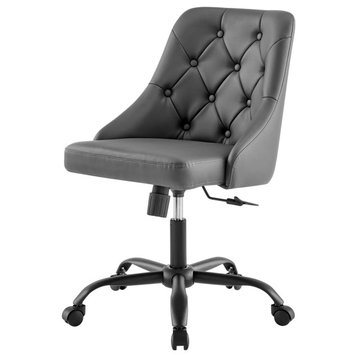 Computer Work Swivel Tufted Chair, Faux Vegan Leather, Black Gray, Home Office