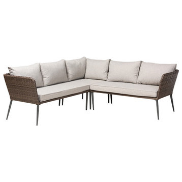 Light Gray Upholstered and Brown Finished 5-Piece Woven Rattan Outdoor Patio Set