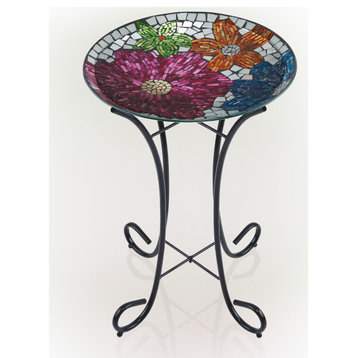 18" Floral Metallic Mosaic Glass Birdbath with Metal Stand