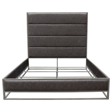 Empire Eastern King Bed in Weathered Grey PU Hand brushed Silver Metal Frame