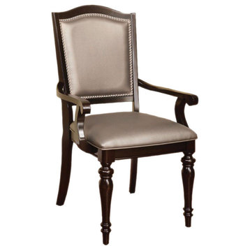 Benzara BM131983 Harrington Transitional Arm Chair With PVC, Dark Walnut
