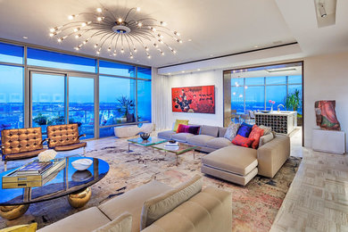 Example of a mid-sized trendy formal and open concept porcelain tile and beige floor living room design in Austin with beige walls, no fireplace and no tv
