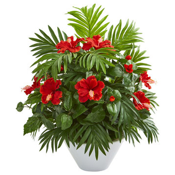 Hibiscus and Areca Palm Artificial Plant in White Bowl