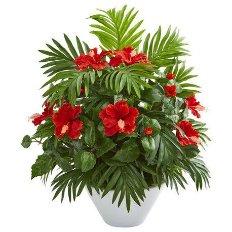 Hibiscus and Areca Palm Artificial Plant in White Bowl