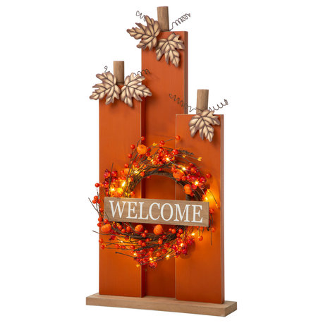 30"H Fall Lighted Wooden Pumpkin Decor WithWreath