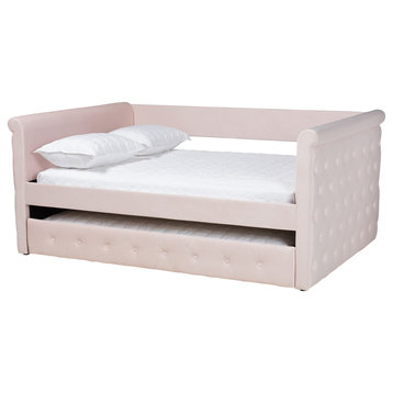 Alana Contemporary Velvet Daybed With Trundle, Light Pink, Full