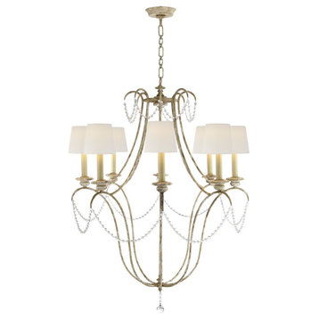 Montmarte Chandelier in Old White and Glass with Linen Shades