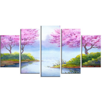 "Flowering Trees Over Lake" Landscape Canvas Artwork