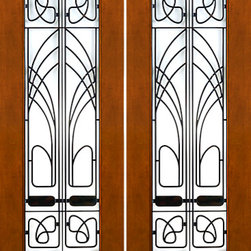 2-1/4" Art Nouveau Mahogany Double Doors Low-E Glass Iron Work - Front Doors