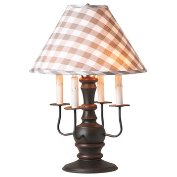 Cedar Creek Lamp with Fabric Gray Check Shade, Rustic Black