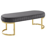 Meridian Furniture - Lemar Velvet Upholstered Bench, Gray - Rest your bones on this beautiful Lemar grey velvet bench. The amply sized top gives you room aplenty for sitting while you put on your shoes or get ready for the day. The gold tone base with geometrically curved legs adds to the posh look of this handsome bench, and the plush top of the bench is thickly padded and covered in rich grey velvet for an exquisite and luxurious feel against the skin. The tufted sides add a sumptuous look to this grey velvet bench, adding to its upscale presentation in your bedroom or elsewhere.