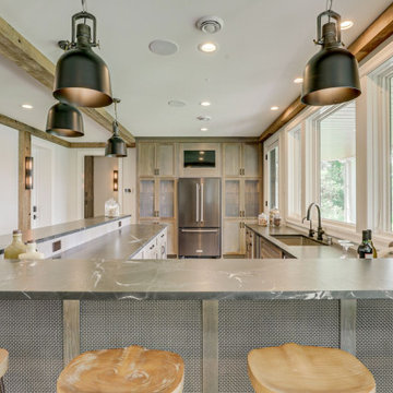 Reclaimed Wood Ceiling Beams in a Rustic Modern Kitchen Bar
