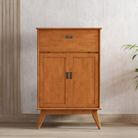 Draper Solid Hardwood Mid Century Bar Cabinet, Teak Brown