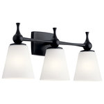 Kichler - Cosabella 3-Light 24" Bathroom Vanity Light in Black - The Cosabellaâ„¢ 24" 3 light vanity light embodies Mid-Century modern minimalism. The Etched White Glass shades soften the light to a luxurious glow. The Black cinched stem extends beyond the wall plate to hold the second and third lights, and both the shades and wall plate curve delicately to help make your home an oasis of calm enjoyment.  This light requires 3 , 75.0 W Watt Bulbs (Not Included) UL Certified.