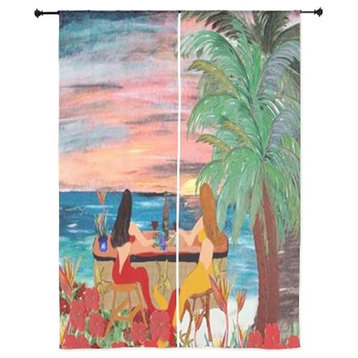 Mermaid Art Sheer Curtains, 30"x84", Wine Bar Beach Mermaids