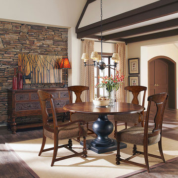 Whiskey Oak Round Dining Group and Leather Sideboard