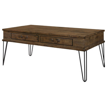 Transitional Coffee Table, Hairpin Metal Legs and 2 Storage Drawers, Rustic Oak