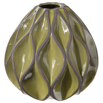 Round Ceramic Vase in Wave and Rough Edges Design Gloss Green Finish, Small