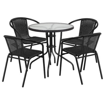 Bowery Hill 5 Piece Rattan/Glass Round Patio Dining Set in Black