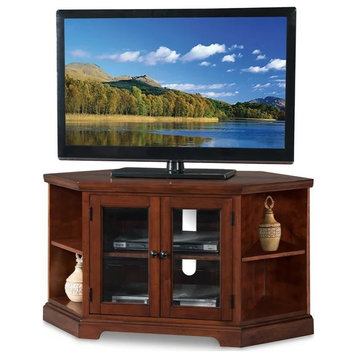 Classic TV Stand, Corner Design With Tempered Glass Doors, Rich Cherry Finish