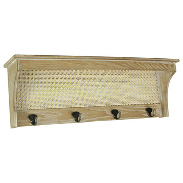 Wooden Wall Shelf With Rattan Mesh Cane Webbing and Four Metal Hooks