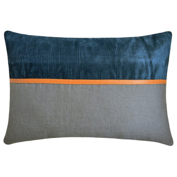 Blue Corduroy, Linen 12"x20" Lumbar Pillow Cover Patchwork -Corduroy Cozies Blue