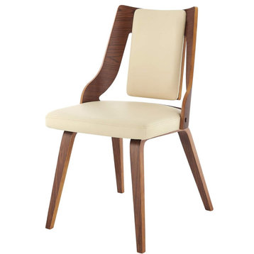 Set of 2 Dining Chair, Faux Leather Seat With Unique Open Back, Cream/Walnut