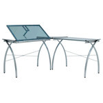 Studio Designs - Futura LS Corner Workcenter With Tilt, Silver/Blue Glass - Studio Designs' Futura LS Work Center with Tilt includes a "three-in-one" desk space that complements any work setting. The sleek design of the two table and corner connector create a seamless desk top without taking up too much space. One of the tempered blue safety glass table tops can adjust in angle up to 45 degrees. Arrange the placement of tables to your liking during assembly. The Work Center can be used as a drafting or light table. Also featured is a 24'' pencil ledge that slides up and locks into place when needed as well as rear crossbars and floor levelers for stability. Made of durable powder-coated steel. Main work surface: 35.25''L x 20''D per table and 20'' x 20'' corner connector. Overall dimensions: 59''W x 59''D x 30'' - 44"H