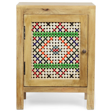 Reser Boho Handcrafted Mango Wood Nightstand with Wool Accents