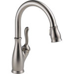 Delta - Delta Leland Single Handle Pull-Down Kitchen Faucet, Spotshield Stainless - Delta MagnaTite Docking uses a powerful integrated magnet to pull your faucet spray wand precisely into place and hold it there so it stays docked when not in use. Delta ShieldSpray Technology cleans with laser-like precision while containing mess and splatter. A concentrated jet powers away stubborn messes while an innovative shield of water contains splatter and clears off the mess, so you can spend less time soaking, scrubbing and shirt swapping. Delta SpotShield Technology helps to keep your faucet cleaner, longer by resisting water spots and fingerprints. Keep your space spotless with SpotShield Technology, available across a variety of finishes for the kitchen and bath. Delta faucets with DIAMOND Seal Technology perform like new for life with a patented design which reduces leak points, is less hassle to install and lasts twice as long as the industry standard*. Kitchen faucets with Touch-Clean Spray Holes allow you to easily wipe away calcium and lime build-up with the touch of a finger. You can install with confidence, knowing that Delta faucets are backed by our Lifetime Limited Warranty.  *Industry standard is based on ASME A112.18.1 of 500,000 cycles.