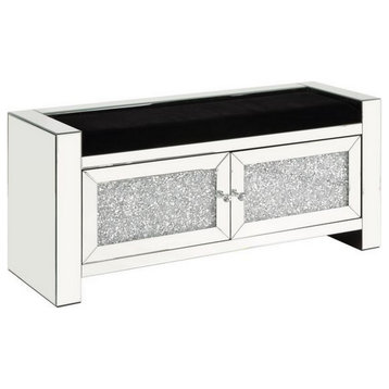 Benzara BM251188 Mirrored Bench With Faux Diamonds and 2 Cabinets, Silver