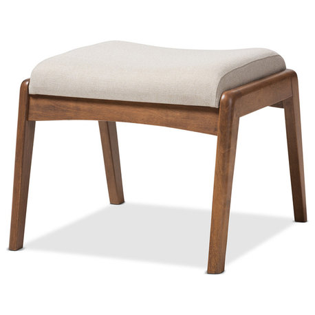 Roxy Walnut Wood Finish and Light Beige Fabric Upholstered Ottoman